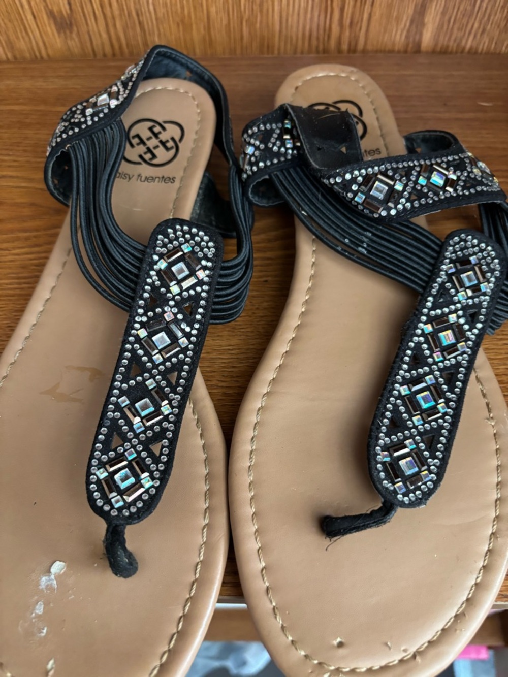 Daisy Fuentes Black Embellished T-Strap Rhinestone Sandals